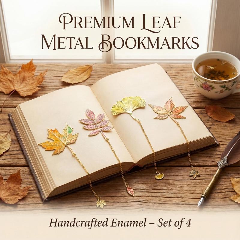 Fall Leaves Metal Bookmarks with Chain Pendant Novel Fiction Page Marker Page Divider for Book Lover Teacher Adult