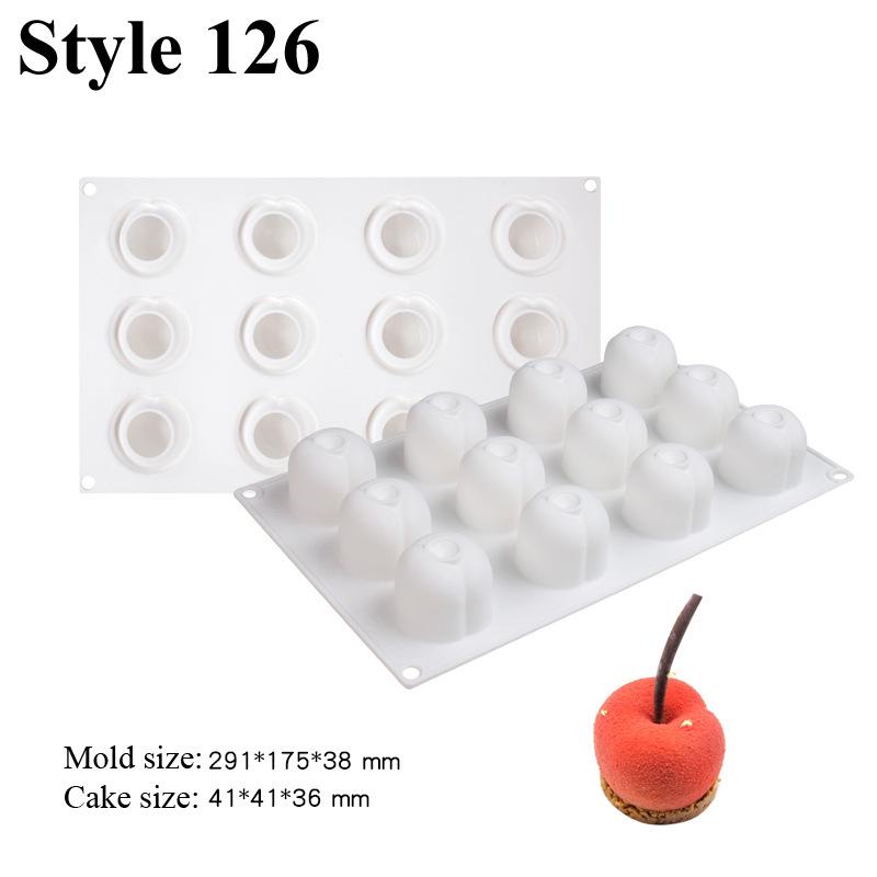 3D Fruchtmousse Silikon Kuchenformen: Birne, Apfel, Ananas, Pfirsich, Durian, Himbeere.