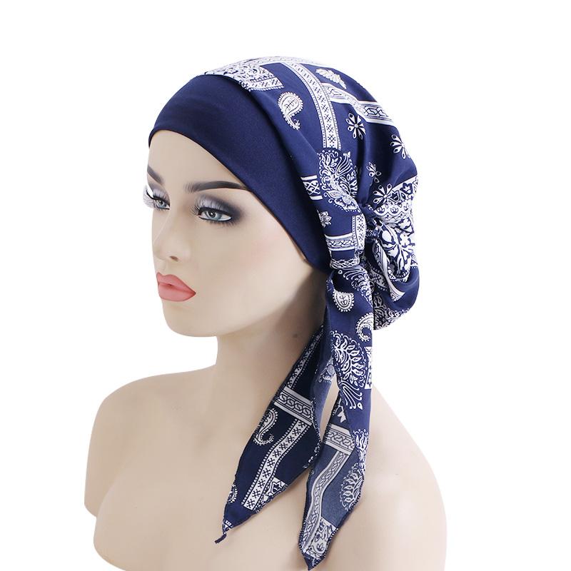 New Womens Pre-Tied Turban Cap Muslim Hijab Cancer Chemo Flower Print Hat Cover Hair Loss Head Scarf Wrap Strech Bandana