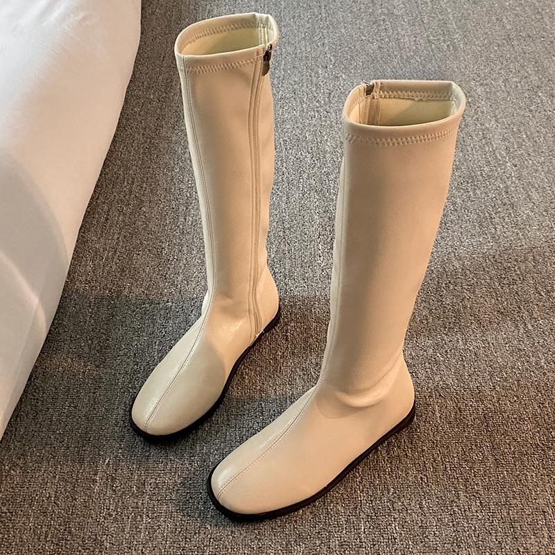 2026 New Spring Autumn Elastic Slimming Woman High Boot Concise Round Toe Shoes Ladies Soft Leather Flats Knight Long Booties