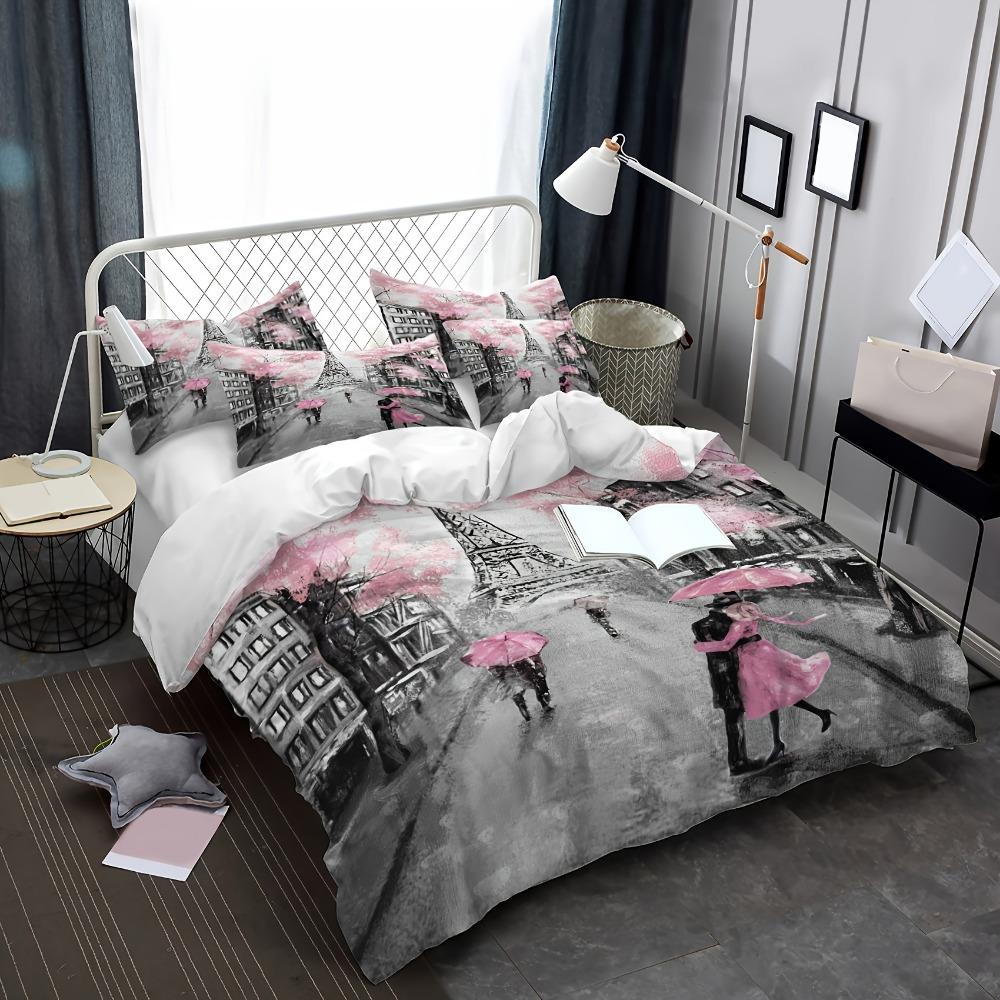 3pcs Bedding Set Pink Paris City Eiffel Tower Print Cozy Duvet Cover King Queen Twin Size Birthday Gift for Adult Bedroom Decor