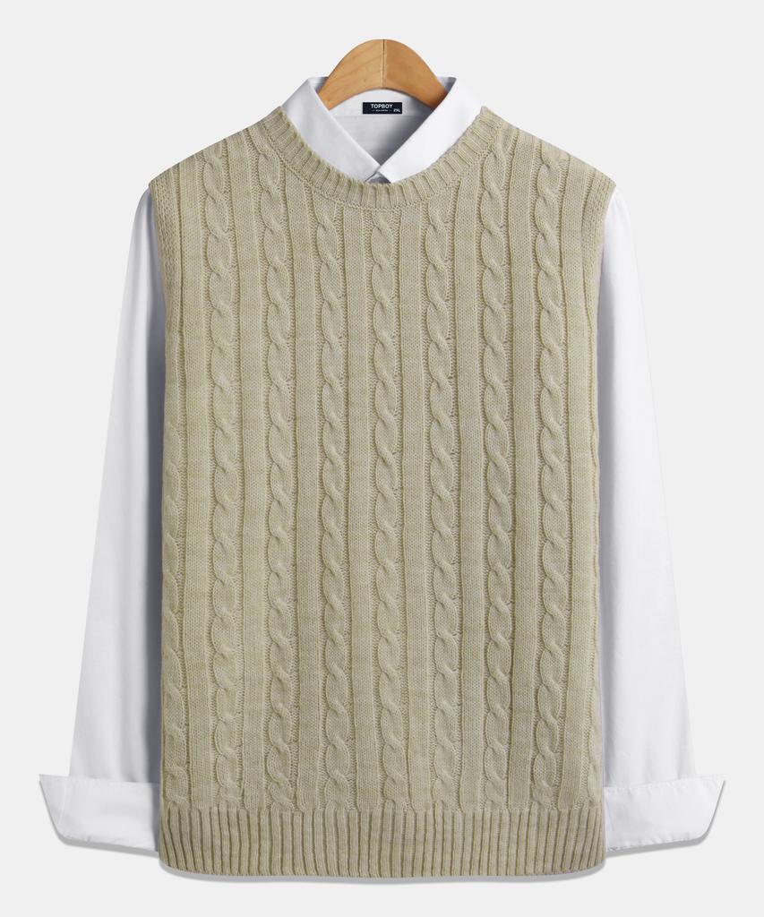 Topboy Regular Fit Cable Knit Round Neck Vest Beige