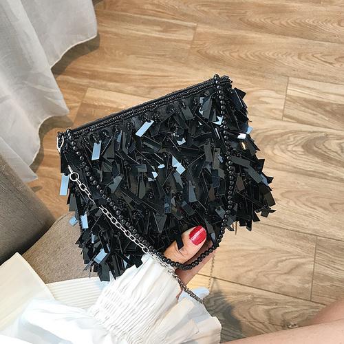Silver Sequin Rhinestone Tassel Women Small Crossbody Bags Handmade Beaded Ladies Party Evening Clutch Purse Fashion Handbags 17x4x13cm чёрный