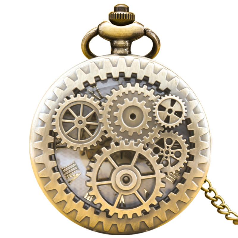 Ретро Бронзовые Большие Полые Узоры Большие Цветы Карманные Часы Ретро Шестеренки Карманные Часы