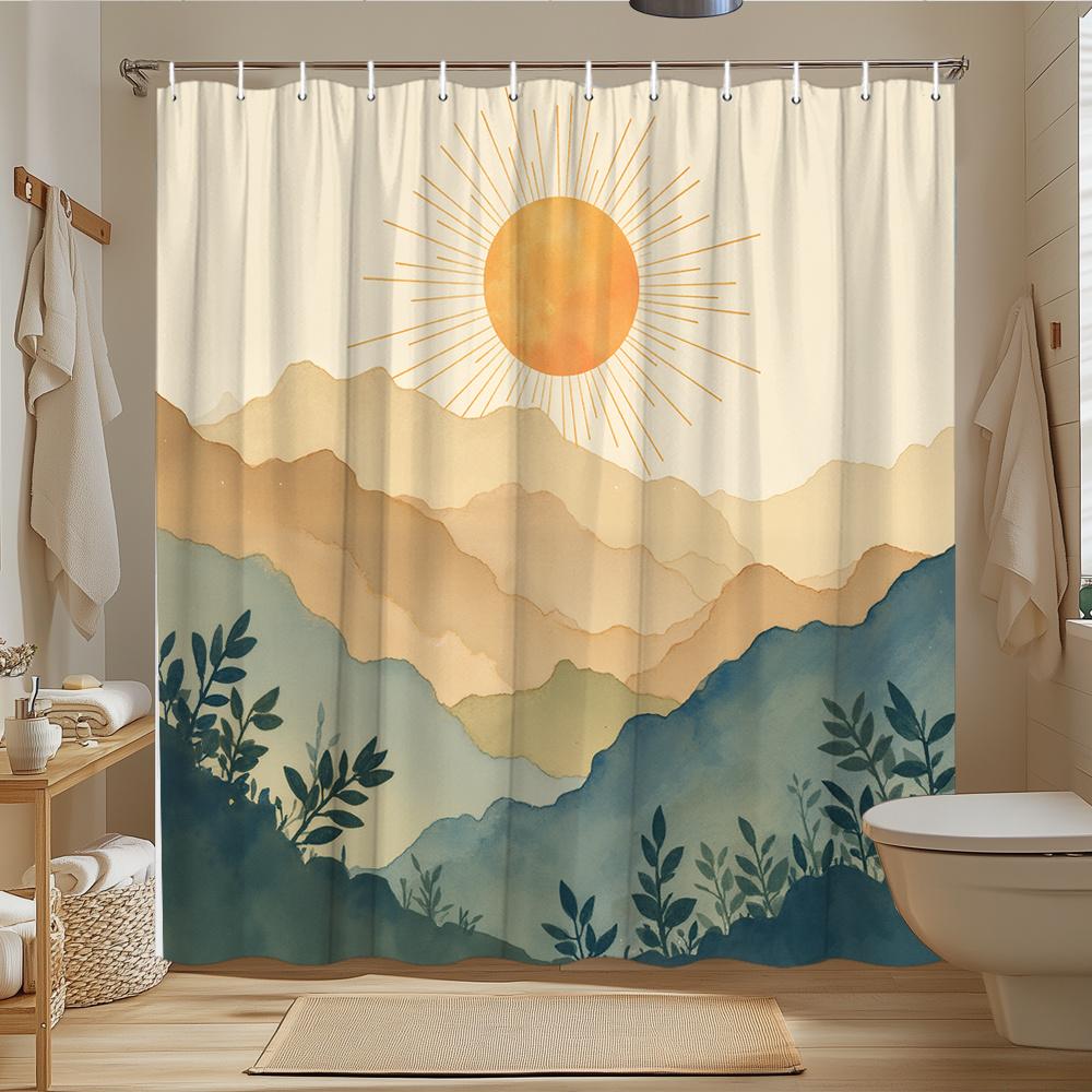 Minimalist Sun & Mountain Shower Curtain - Serene Vintage Design with Geometric Sunrise, Polyester