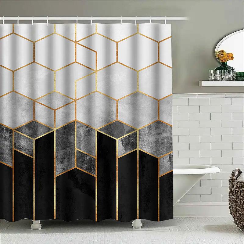 Modern Geometric Hexagon Shower Curtain Set Elegant Metallic White Black Design With Water-Resistant Fabric For Bath Decorations