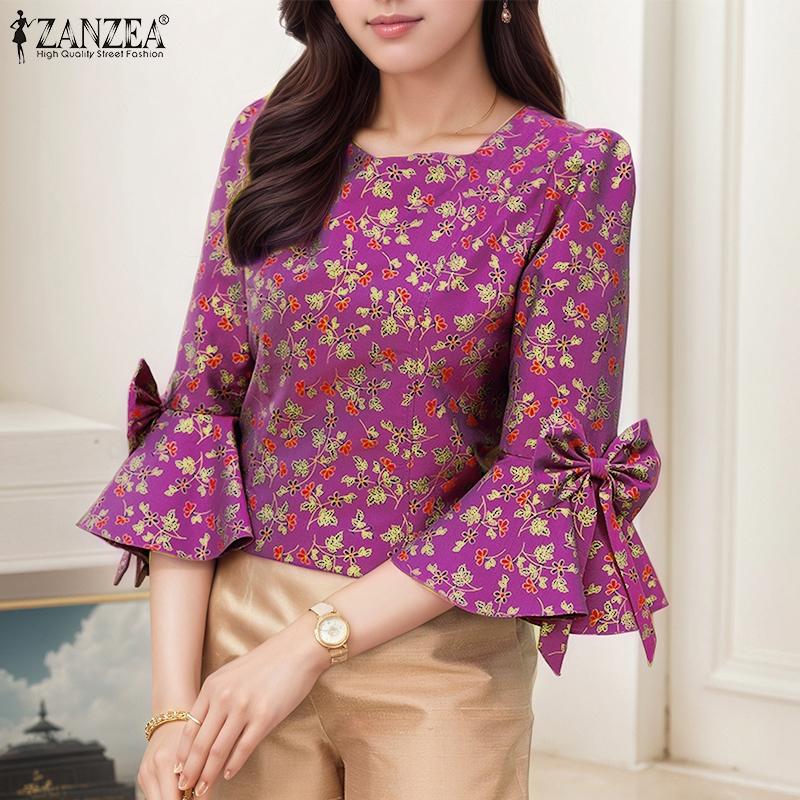 ZANZEA Women Square Neck Casual Loose Floral Print 3/4 Sleeve Blouse