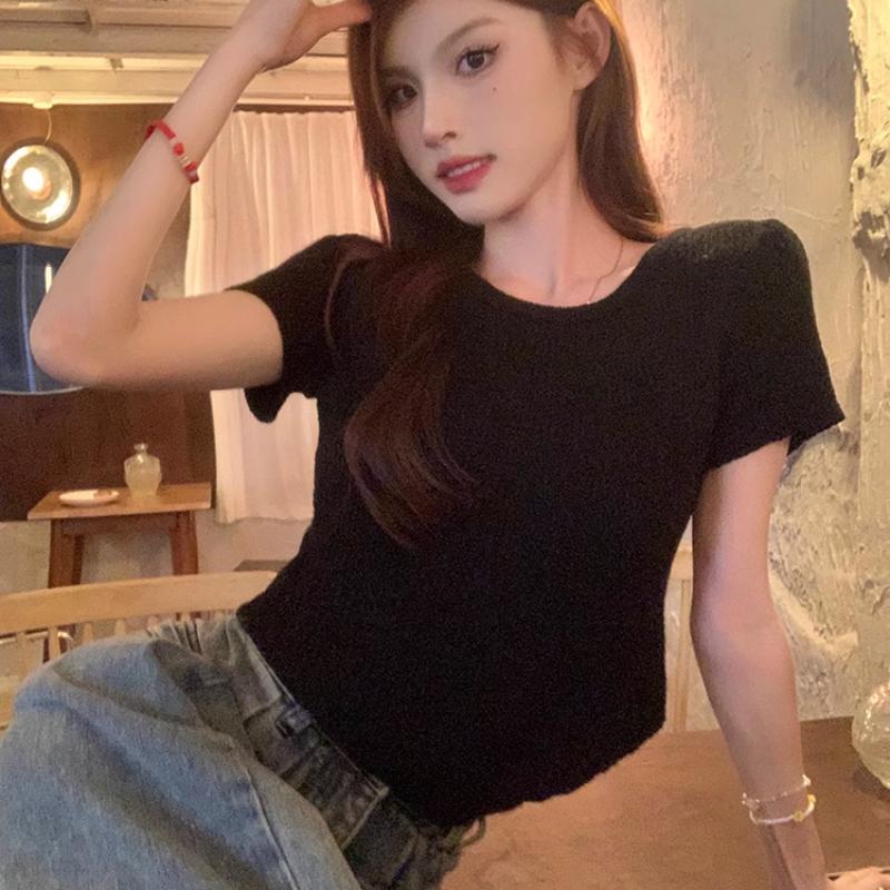 

Свитер с короткими рукавами для женщин на лето, новый нишевый асимметричный короткий студенческий топ, тонкий и тонкий, красотка T One size