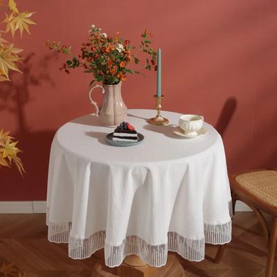 Round Tablecloth With Elegant Lace Edge Cotton Fabric Kitchen Decor Party Grace Table Decoration Dustproof  Machine Washable