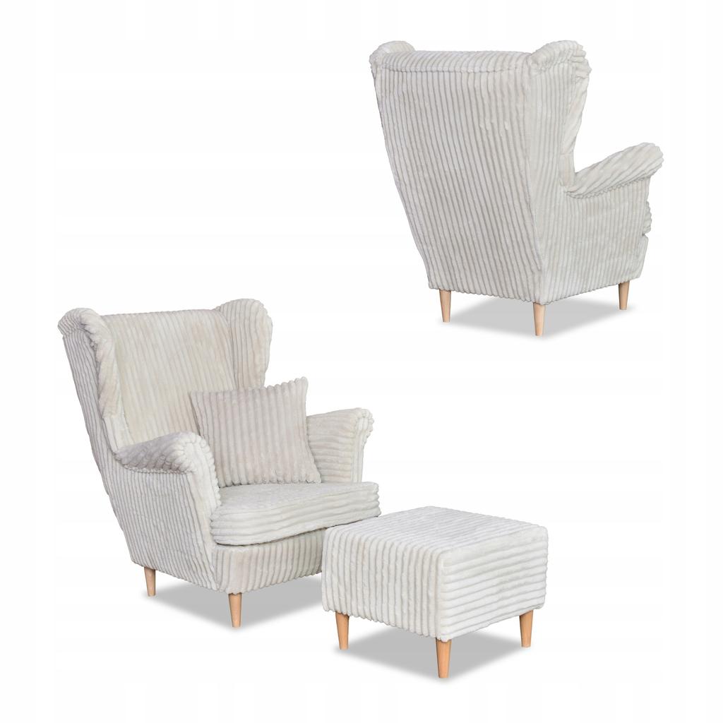 Zestaw uszak Rene Estella sofa fotele pufy Family Meble beżowy sztruks