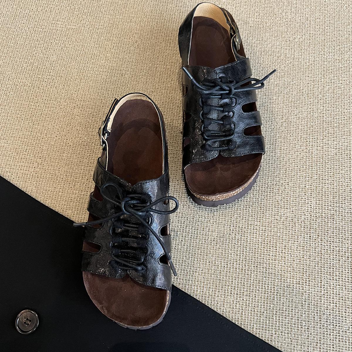 

Sheepskin version~ New hollow lace-up leather Roman shoes for women to wear retro round head versatile platform Boken sandals 40 чорний