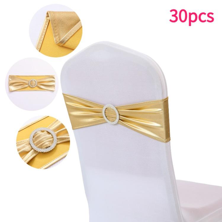 30pcs Elegant Golden Bow Chair Belts Elastic Bow Ribbon Chairs Back Decoration Gold Foil Tie Neatly Sewn Edges Sparkling Buckle