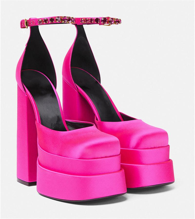 Escarpins pour femmes Nouveaux Sexy Talons Hauts Épais Plateforme Chaussures de Robe Fête Chaussures de Mariage Boucle Strass Taille 43