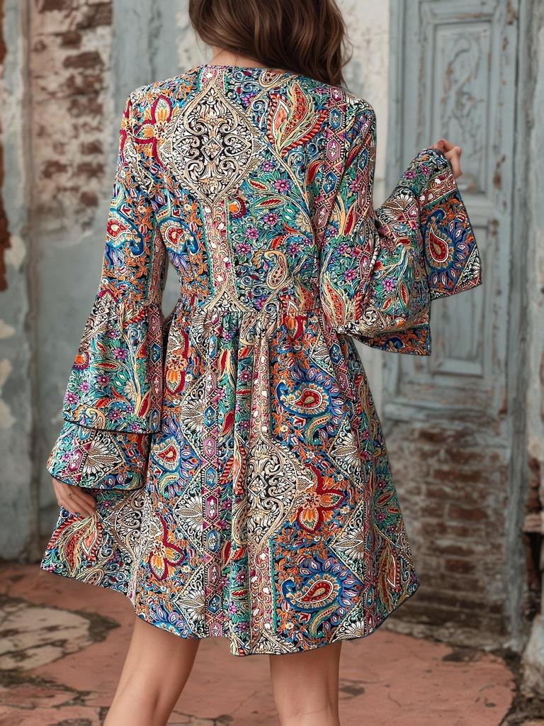 Robe Casual Imprimée Bohème à Col en V pour Femme 2026