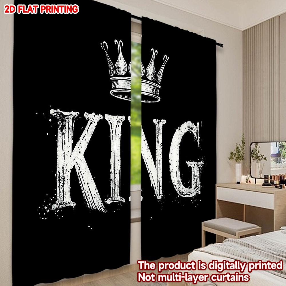 Set Of 2 Modern King Crown Black White Curtains Digital Printing Bold Letter Pattern Monarch Symbol Living Room Bedroom Curtain Polyester Perfect For