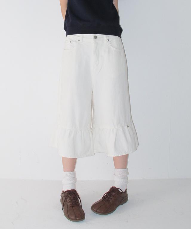 RONRON Flounce Hem Denim Pants White