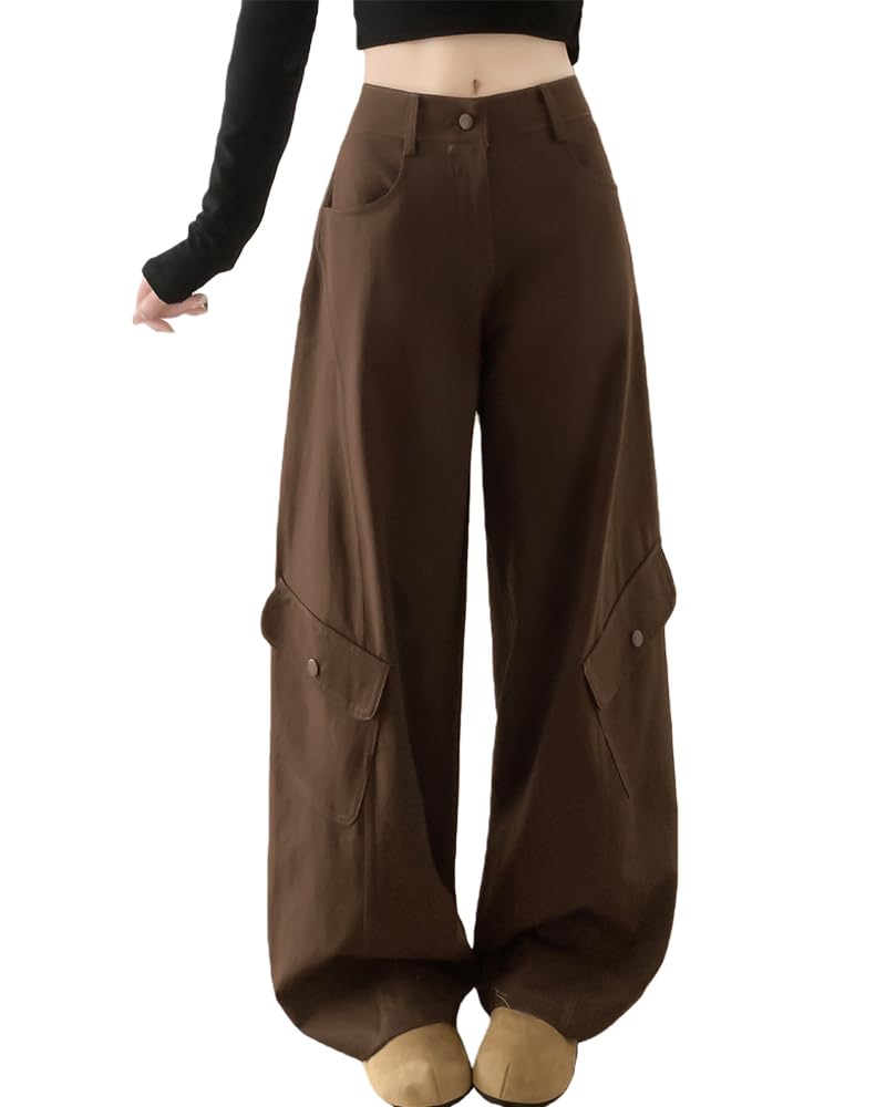 MTUIOY Cargo Casual and Perfect for Spring and Solid Loose Plus Sizes Brown L Women's Wide-Leg Pants, Stylish, Autumn, Color, Fit, - -
