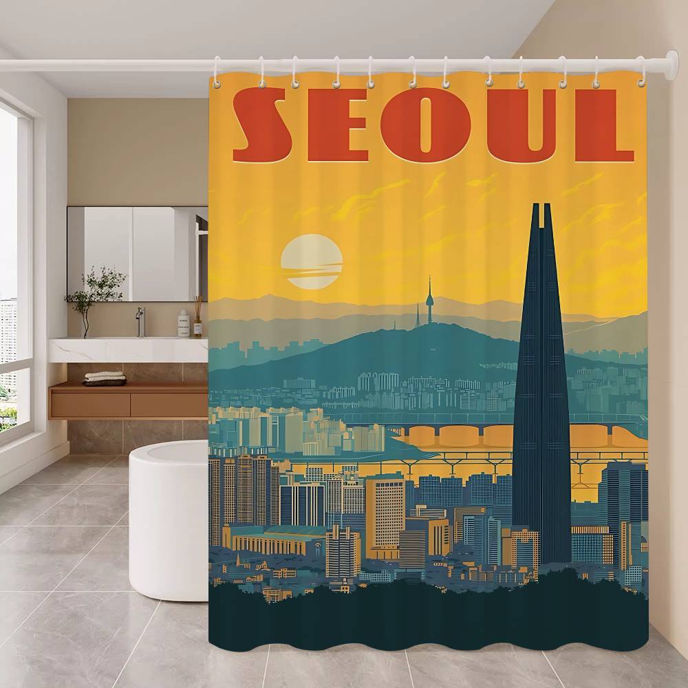 

Классический Тренд Городской Пропагандистский Узор Занавеска для Ванной Комнаты Занавеска для Душа Водонепроницаемая с 12 Крючками Домашний Декор 90x180 cm