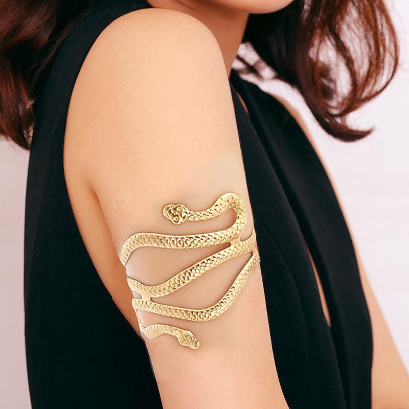 Fashion Personalized Snake Head Arm Ring Bracelet, Adjustable Metal Exaggerated Opening Snake-Shaped Winding Hand Jewelry
