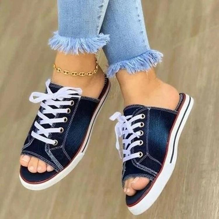 

Spring and summer new fish mouth denim lace-up casual flat bottom women s cool slippers large size canvas cool slippers 43 темно-синього кольору