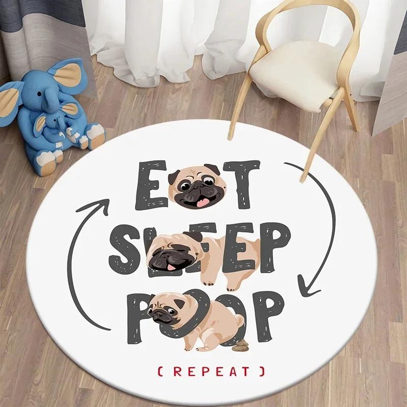 Cute Pug Dog Round Carpet Kawaii Pet Area Rug for Living Room Bedroom Decor Anti-Slip Floor Mat Circle Kitchen Entrance Doormat