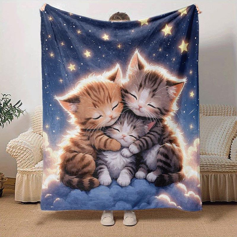 1pc Cute Cat Printing Lightweight Flannel Blanket, Comfortable and Warm Blanket, for Camping Sofa Bed and Couch Office, in All Seasons