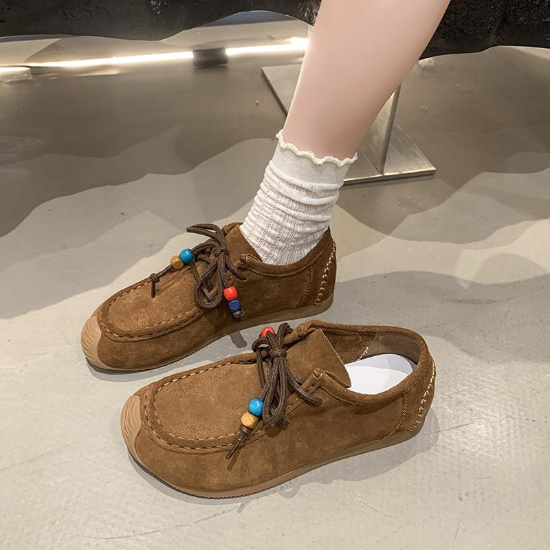 Fashion Women's Flat Shoes Round Toe Lace-up String Bead Increased Internal Shoes Retro Suede High-heeled Spring and Autumn Single Shoes