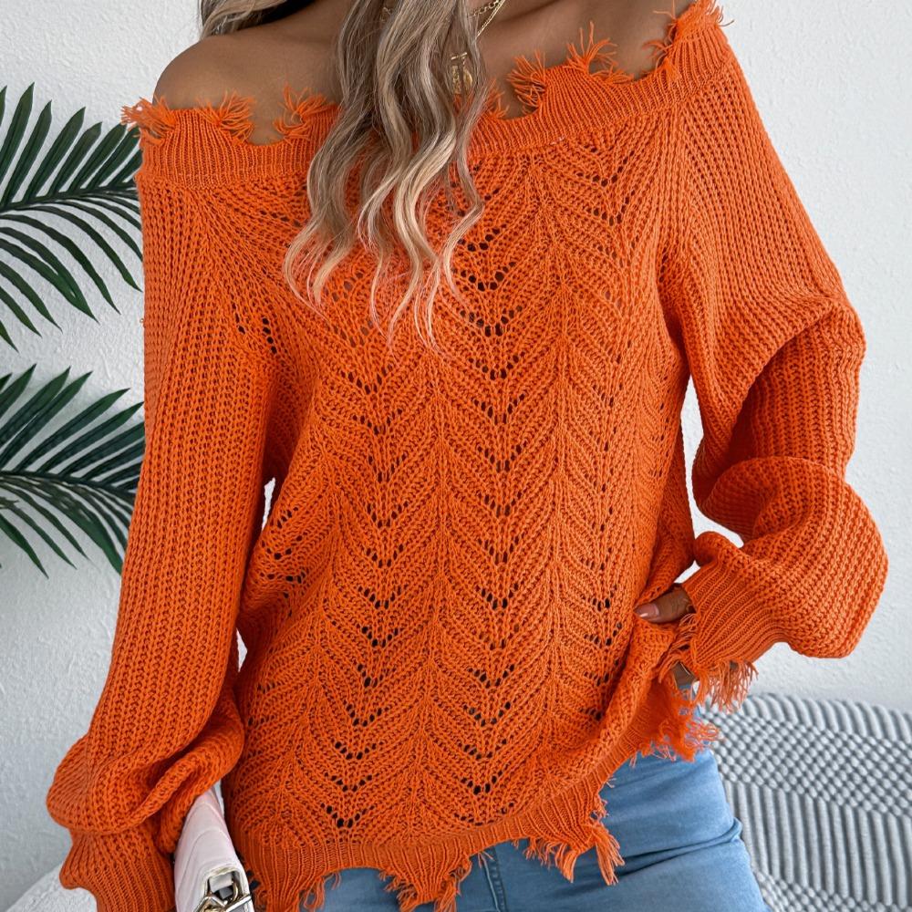 Women's Knitted Sweater for Autumn/Winter Solid Colour Lace-Up Long Sleeves Ragged Hem Off-Shoulder Pullover Loose-Fit Top