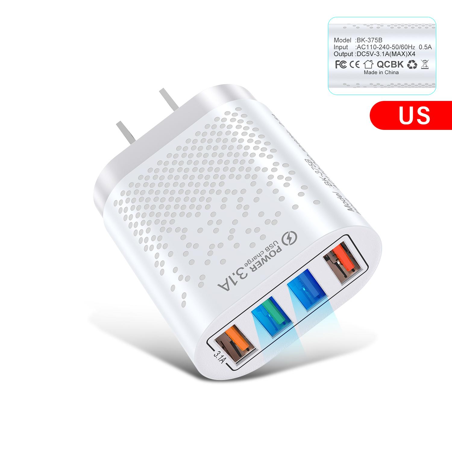 

Зарядное устройство USB 3.1A Адаптер для мобильного телефона 4 порта Мультизарядное устройство Вилка для Великобритании/США Настенное зарядное устройство для Xiaomi Redmi POCO Планшеты Ноутбуки US Plug White