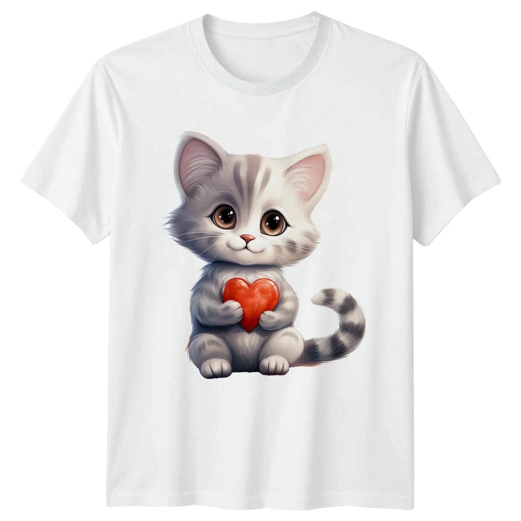 Kitten Holding Heart Animals Cats Mens T-Shirt Womens Tee Graphic Unisex Top