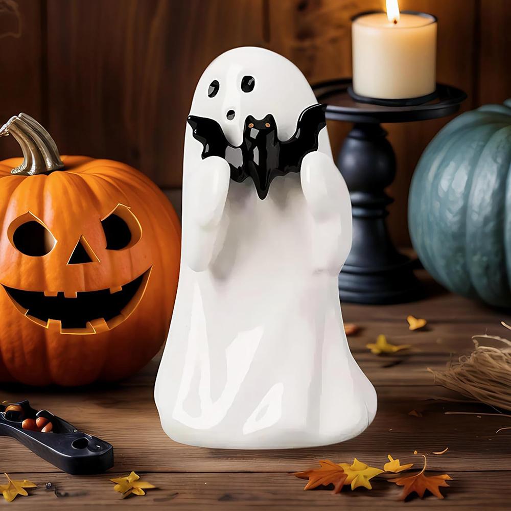 8.5cm White Cute Ghost Halloween Romantic Shelf Desk Decor Black Bat Resin Mini Statue Kawaii Heart Ghost Middle Finger  Decor