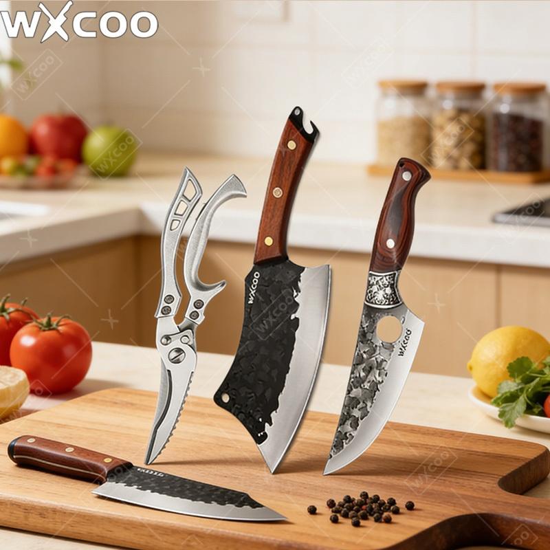 WXCOO Hand Forged Butcher Knife Stainless Steel Boning Knife Cutting Board Set Kitchen Knives Chopping Tools BBQ Meat Cutting