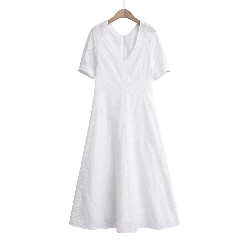 

2025 Spring/Summer Women s Embroidered V-Neck Short-Sleeve Long Dress M белый