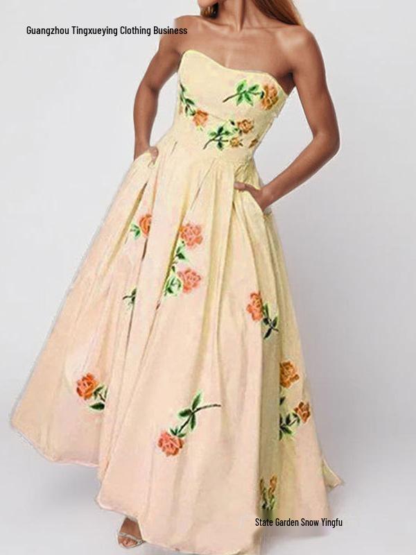 European American Women's Floral Square Neck Spring Dress with Slit