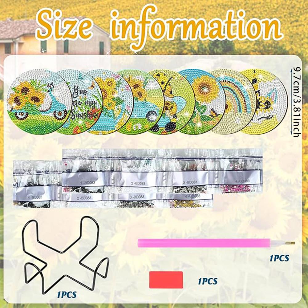 8 Pieces/set of Diamond Sunflower Patterned Coasters, DIY Coasters with Holder, Suitable for Beginners and Adults, Art and Craft Supplies Gifts