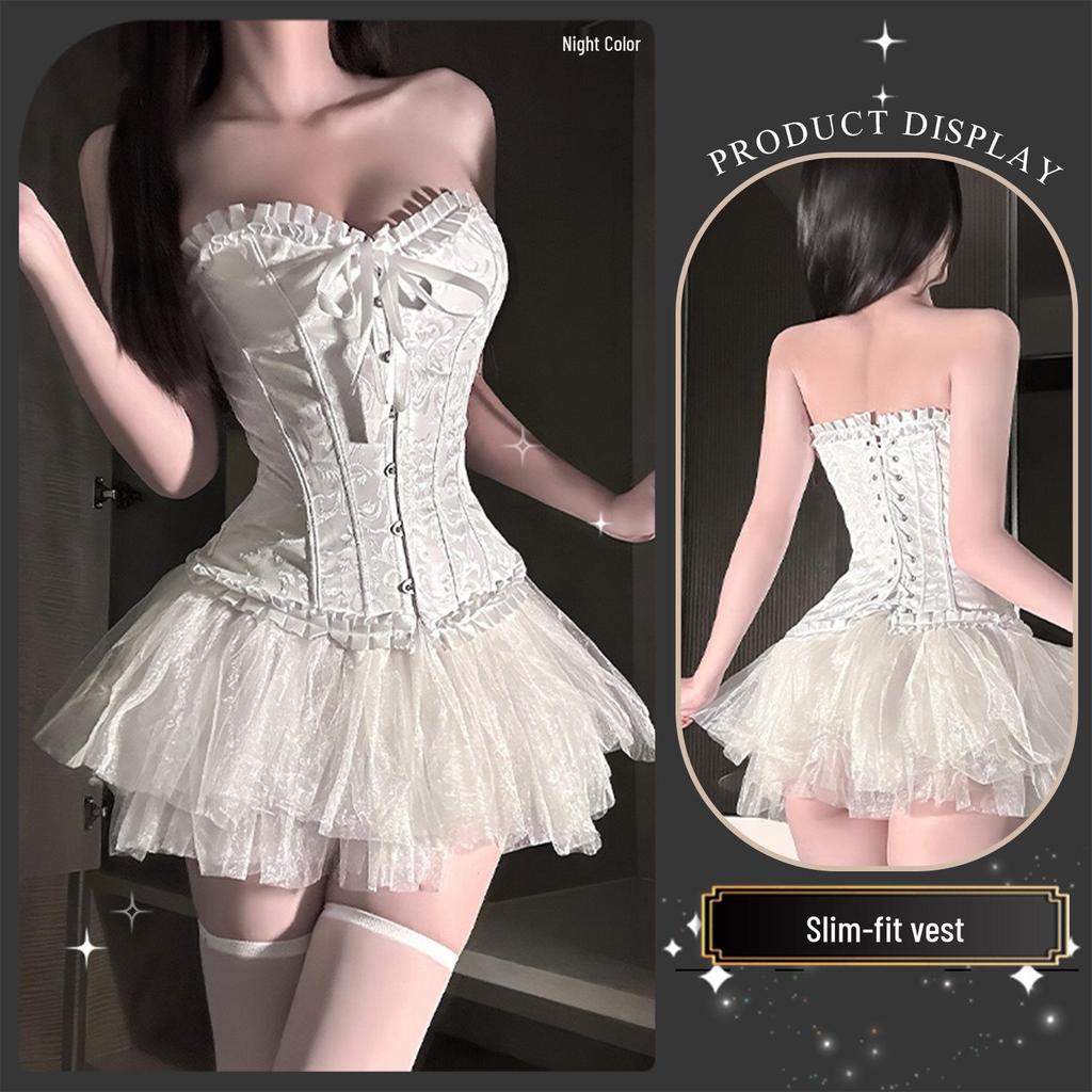 Golden Night Fairy Lingerie: Sexy Transparent Strapless Bustier with Slimming Lace-up Corset and Puffy Skirt