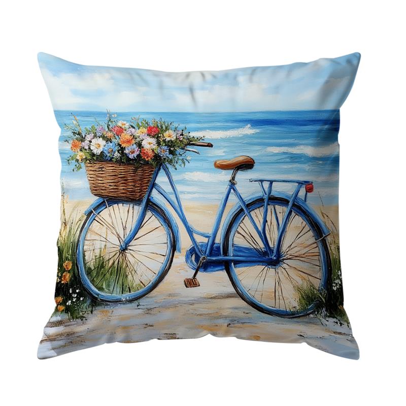 1 Pc Beach Landscape Seaside Bicycle Pattern Throw Pillow Cover Sofa Decoration Car Office Seat Cushion Home Decor 45*45Cm