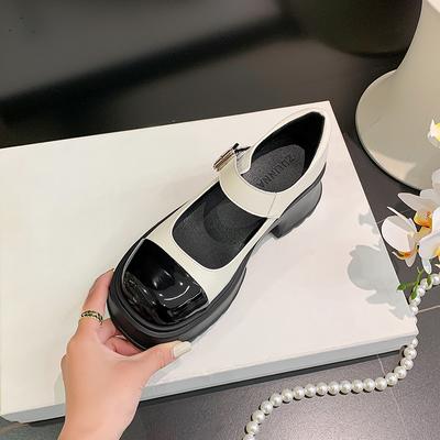 Platform Mary Jane Shoes High Heels Small Shoes Thick Heel One Word Black And White Color Matching British Style Japanese Loafers