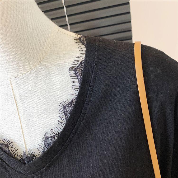 Women's Korean Style Snowflake Cotton V-Neck Lace Patchwork Short-Sleeve Loose Summer Tee