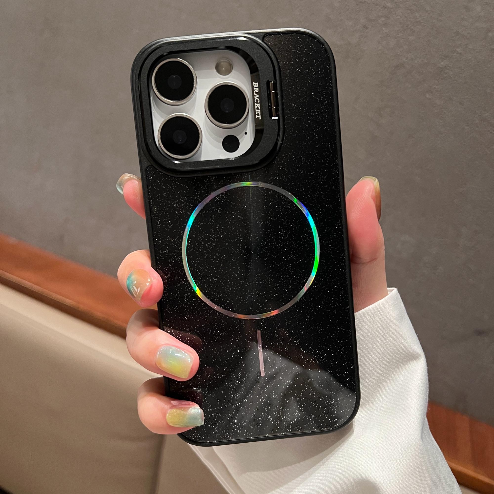 

For iPhone 16 Pro Max Case Compatible with MagSafe Starry Glitter PC Phone Cover Case with Lens Frame Kickstand Black