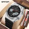 Sanda Men's Trendy Dual Display Casual Watch - Waterproof, Luminous, Octagonal Design with Countdown & Snooze Functions.