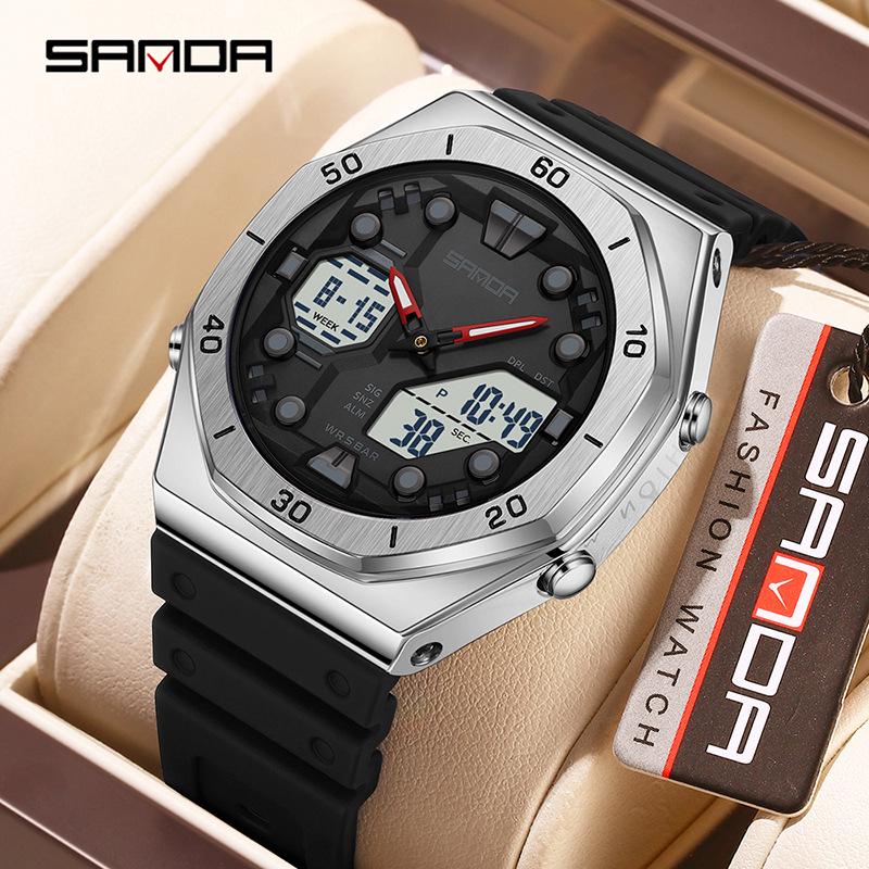 Sanda Men's Trendy Dual Display Casual Watch - Waterproof, Luminous, Octagonal Design with Countdown & Snooze Functions.