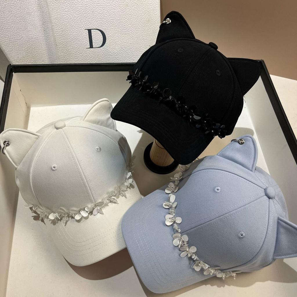 Spring And Summer Sweet Cat Ears Cute Baseball Cap Small Fragrant Wind Crystal Couple Hard Top Cap