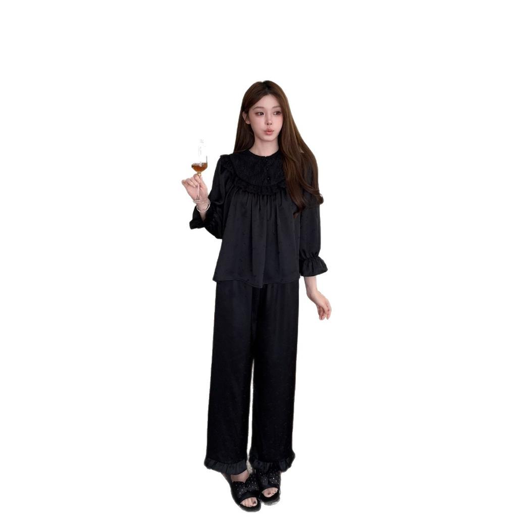 Pajamas New women's soft light satin burgundy New Year's red long-sleeved trousers set loungewear can be worn outside