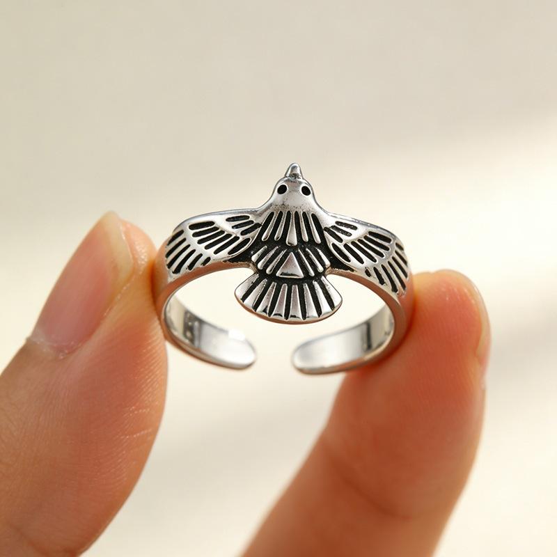 

Retro Eagle Feather Hop Personalized 925 Sterling Silver Jewelry Animal Eagle Opening Rings 02881 серебряный