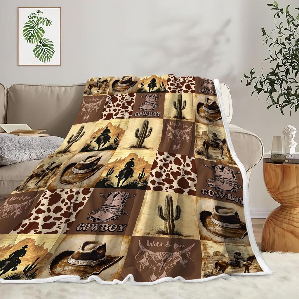 Coperta Plaid in Pile da Cowboy Western, Coperte da Cowboy Occidentali Vintage, Coperta in Flanella da Cowboy Retro del Selvaggio West a Cavallo, Morbida,
