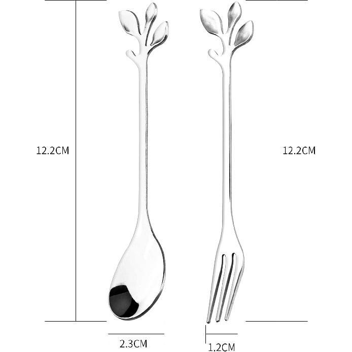 12pcs Stainless Steel Gold Leaf Coffee Spoon and Cake Fruit Forks Kitchen Accessory Wedding Party for Dessert, Salad, Appetizer, Spoon and Fork Set(6