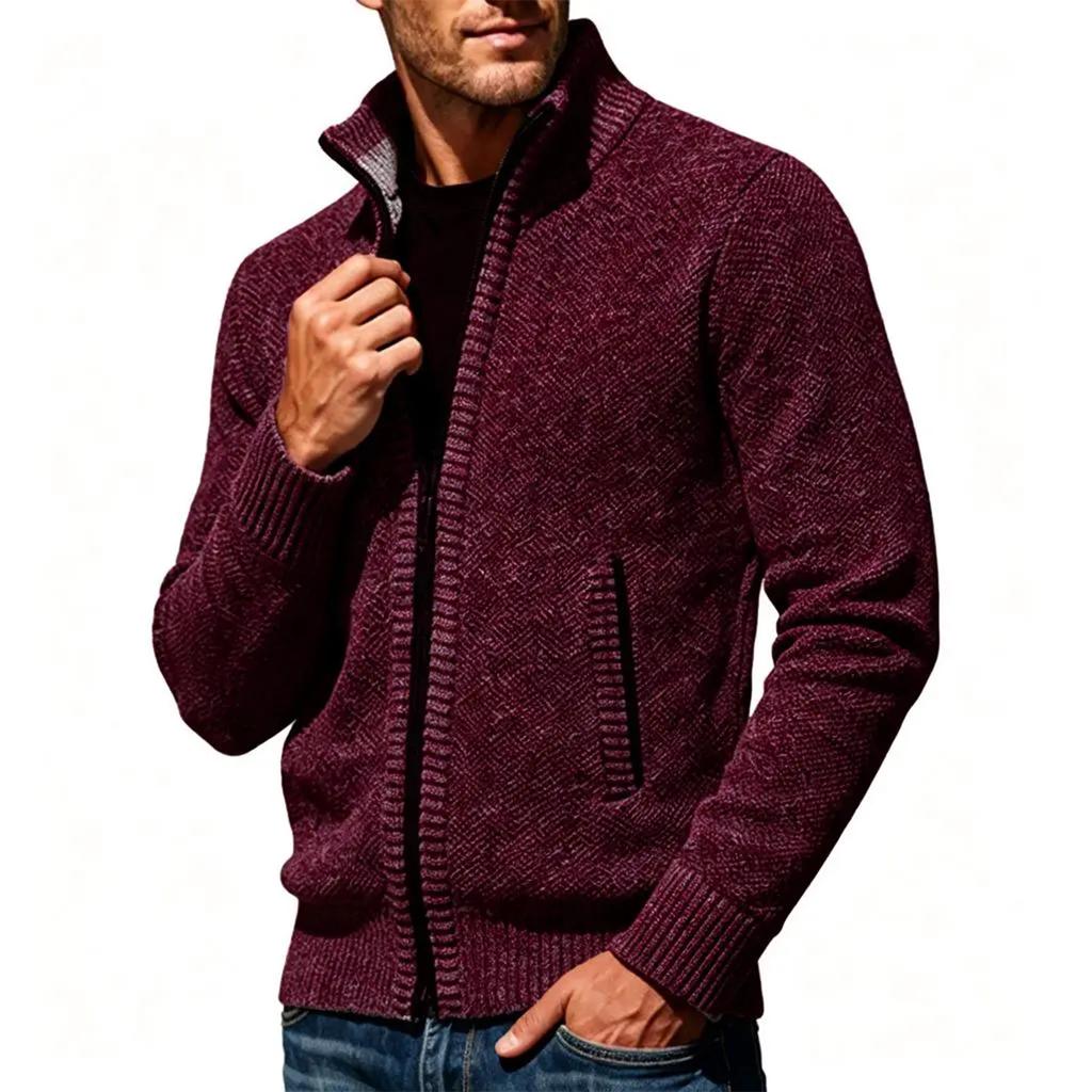Men's Lined Long Sleeve Zip Up Sweater Cardigan with Stand Collar and Color Block Design
