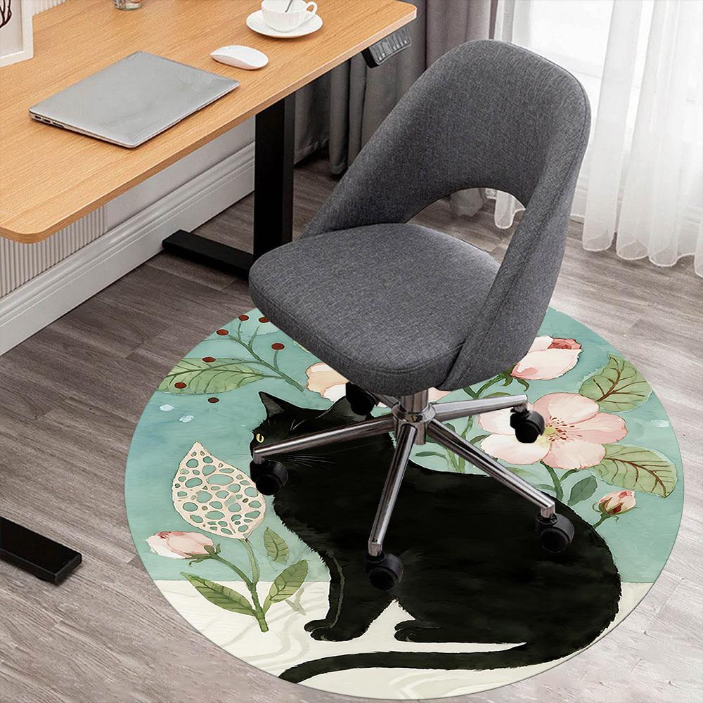 

1pc Black Cat Flowers Round Chair mat office Area Rug - Non-Slip, Floor Mat for Office, Bedroom, and Indoor Decor p127040 80cm by 80cm