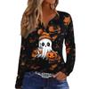 Women's Casual Halloween Print V-Neck Long Sleeve T-Shirt with Decorative Buttons